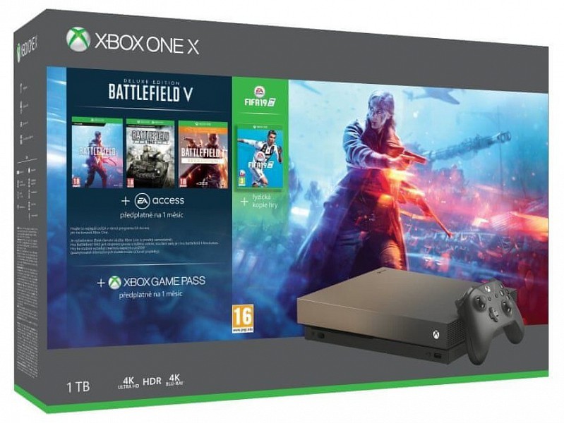 Xbox One X 1TB Gold Rush Special Edition Bundle + Batlefield V Deluxe edition , Battlefield 1, Battlefield 1943 + Fifa 19